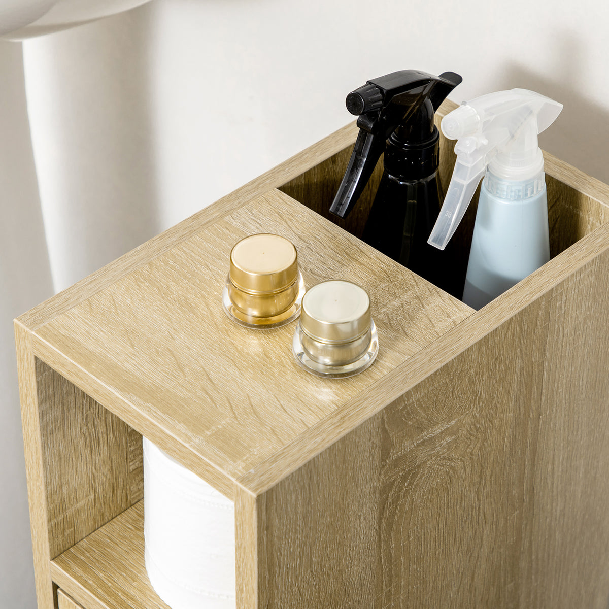 Compact Rolling Storage Cabinet with Drawer – Oak — detail