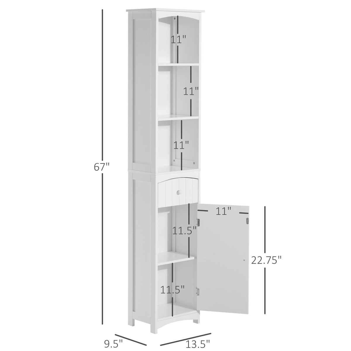 Tall Linen Tower Cabinet with Drawer – White — dimensions