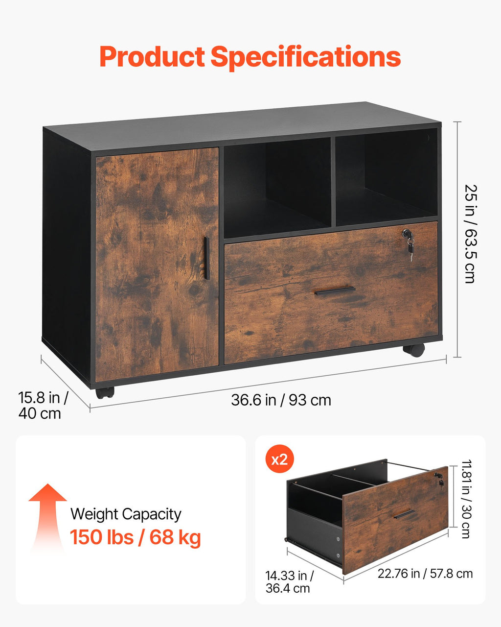 Mobile Wood File Cabinet with Open Shelves – Rustic Brown — features