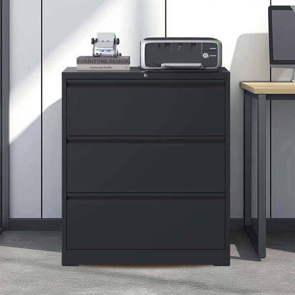 3-Drawer Lateral File Cabinet with Lock, Metal – Black — room view