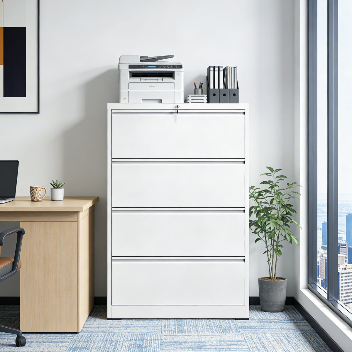 4-Drawer Lateral File Cabinet with Lock – White — room view angled