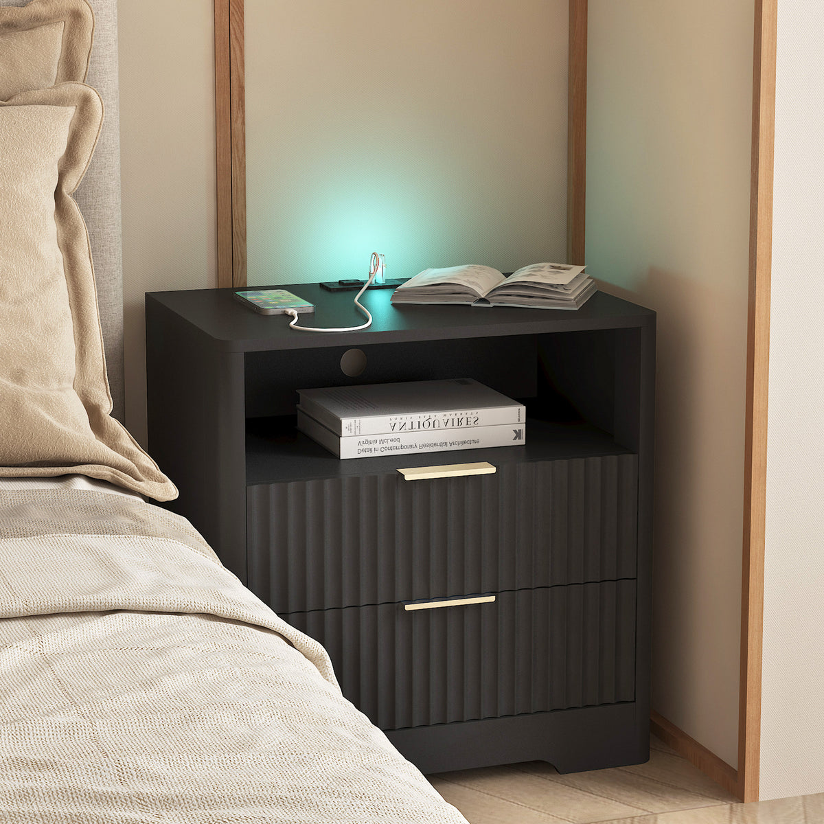 Nightstand with Charging Station & Night Light – Black — product photo
