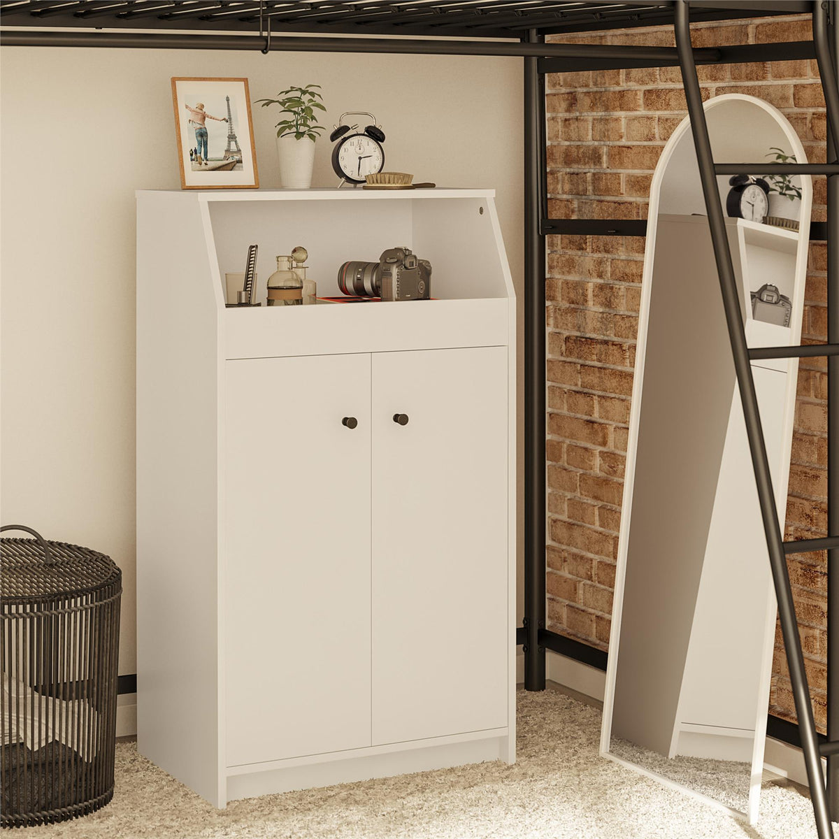 2-Door Storage Tower with Shelves – White — room view angled