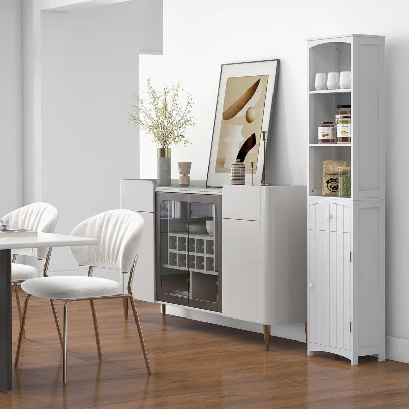 Tall Linen Tower Cabinet with Drawer – White — room view angled
