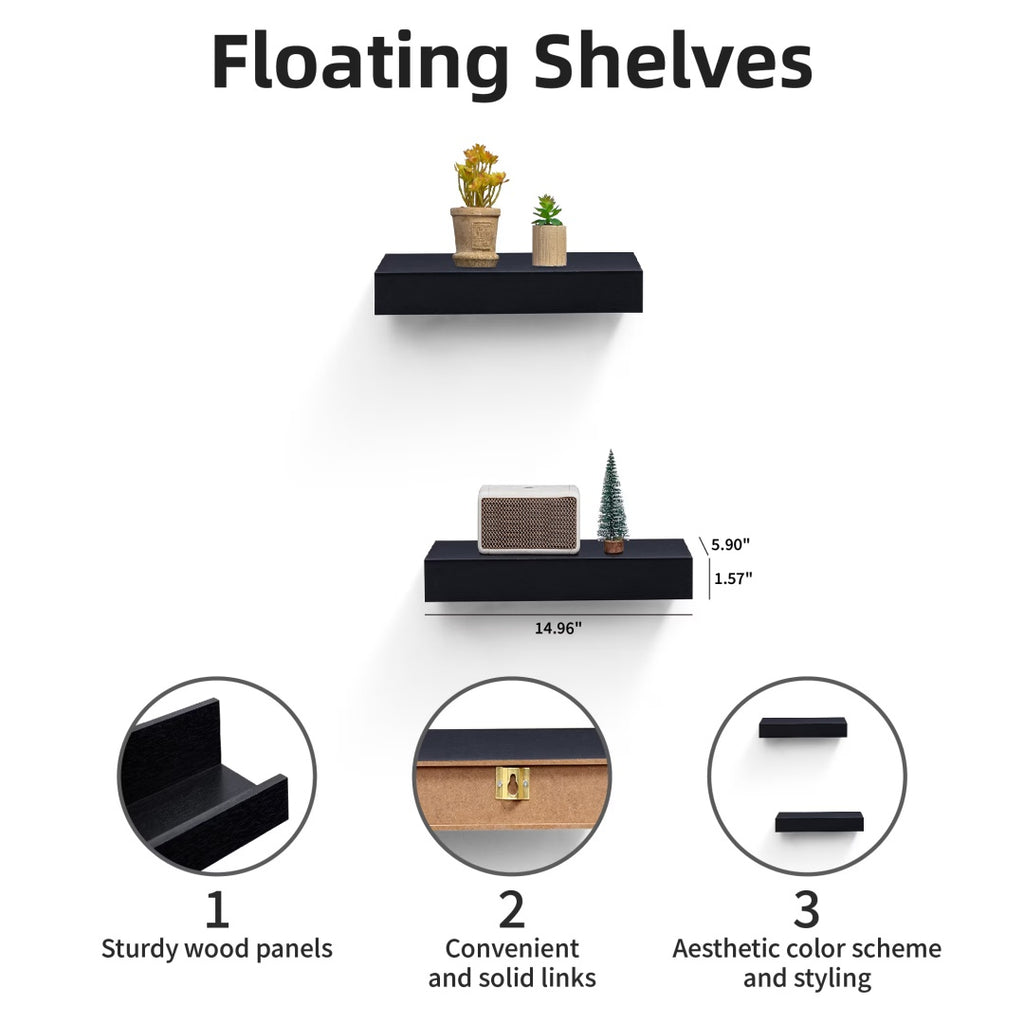 15" Floating Wall Shelf with Hidden Brackets – Black — features