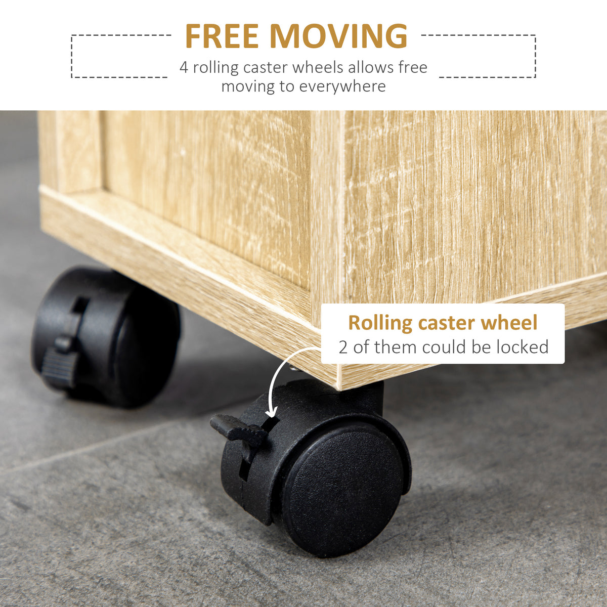 Compact Rolling Storage Cabinet with Drawer – Oak — features