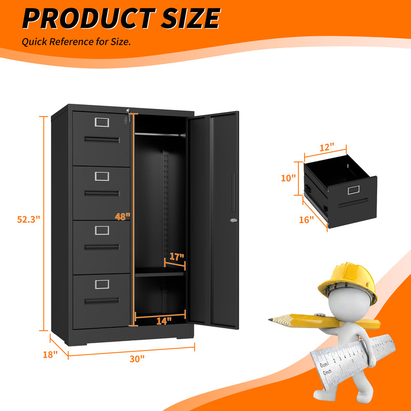 4-Drawer Vertical File Cabinet with Lock, Steel – Black — dimensions