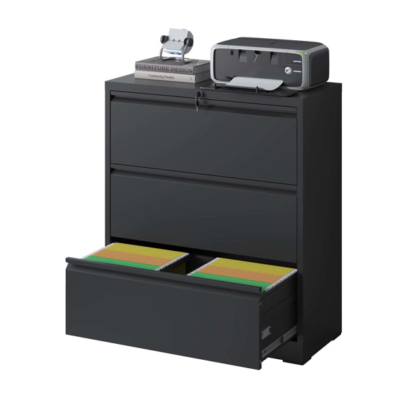 3-Drawer Lateral File Cabinet with Lock, Metal – Black — detail