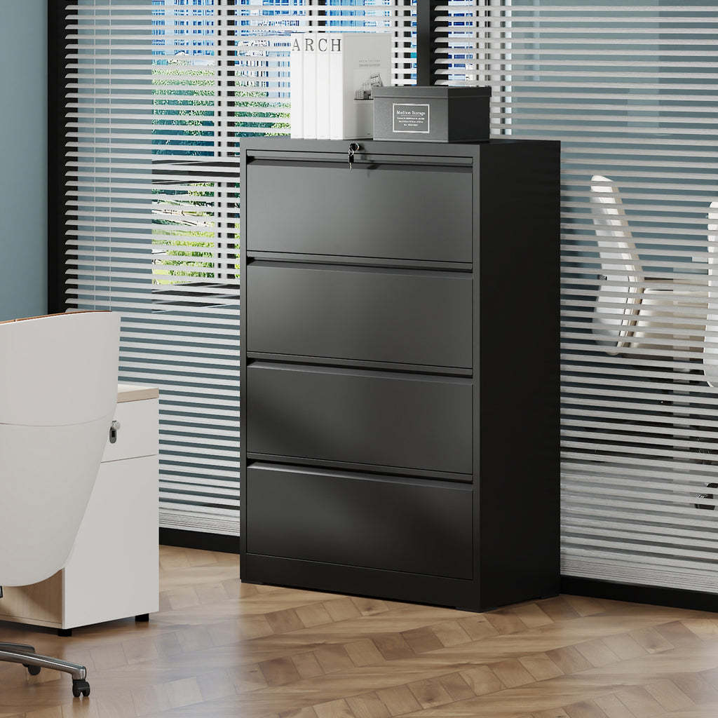 4-Drawer Lateral File Cabinet with Lock – Black — room view