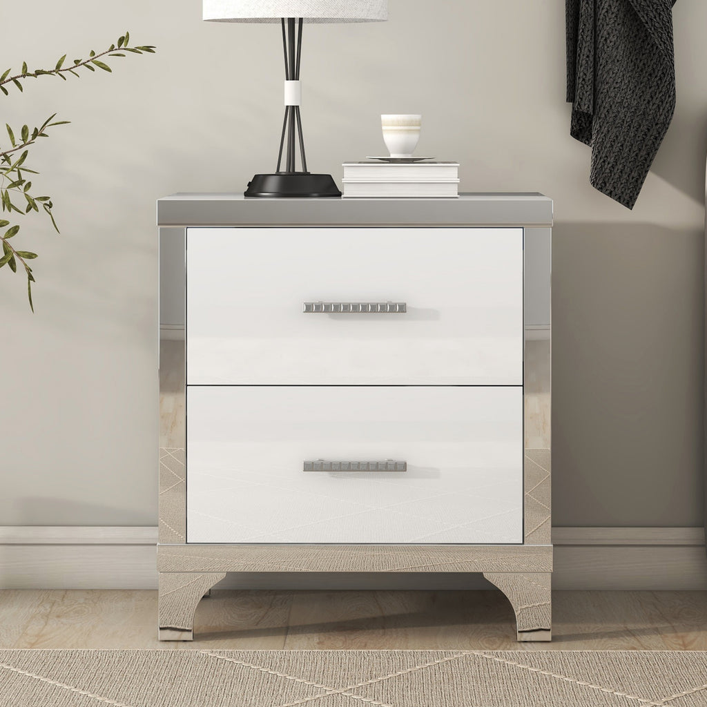 2-Drawer Mirrored Nightstand, High-Gloss – White — product photo