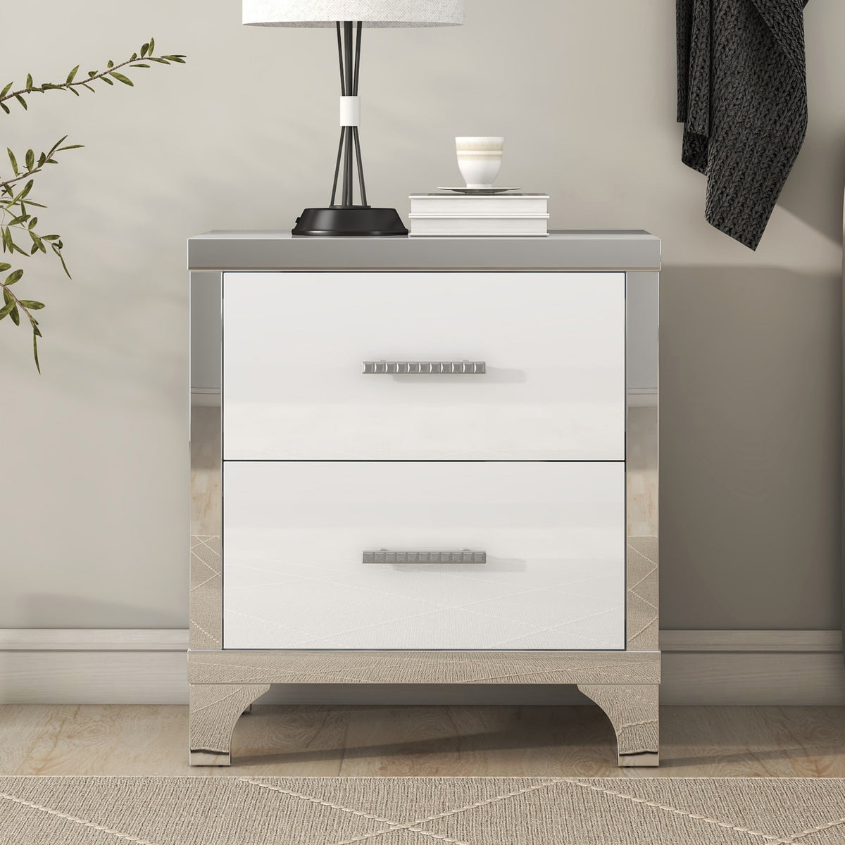 2-Drawer Mirrored Nightstand, High-Gloss – White — product photo
