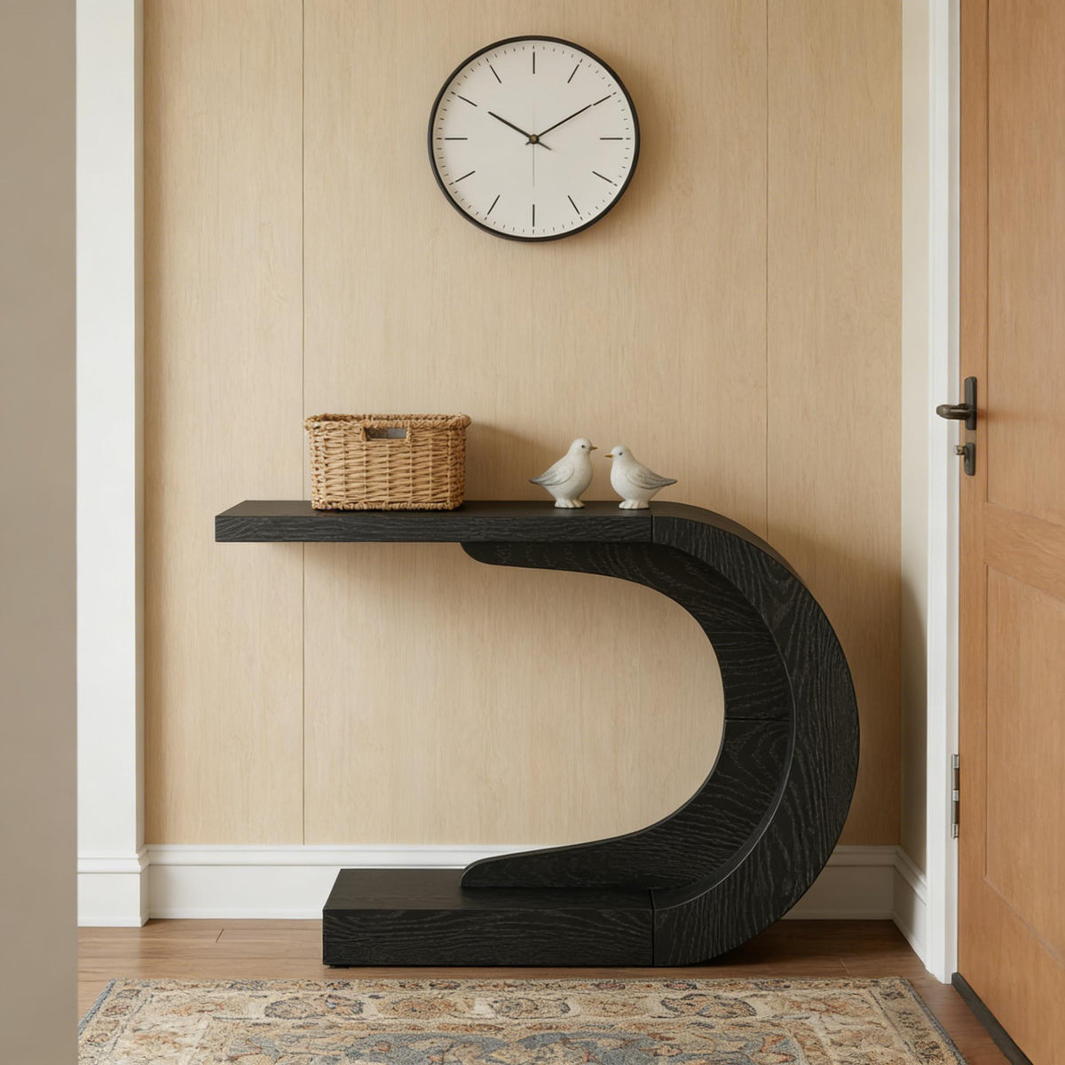 C-Shaped Console Accent Table, Hallway – Black — room view angled