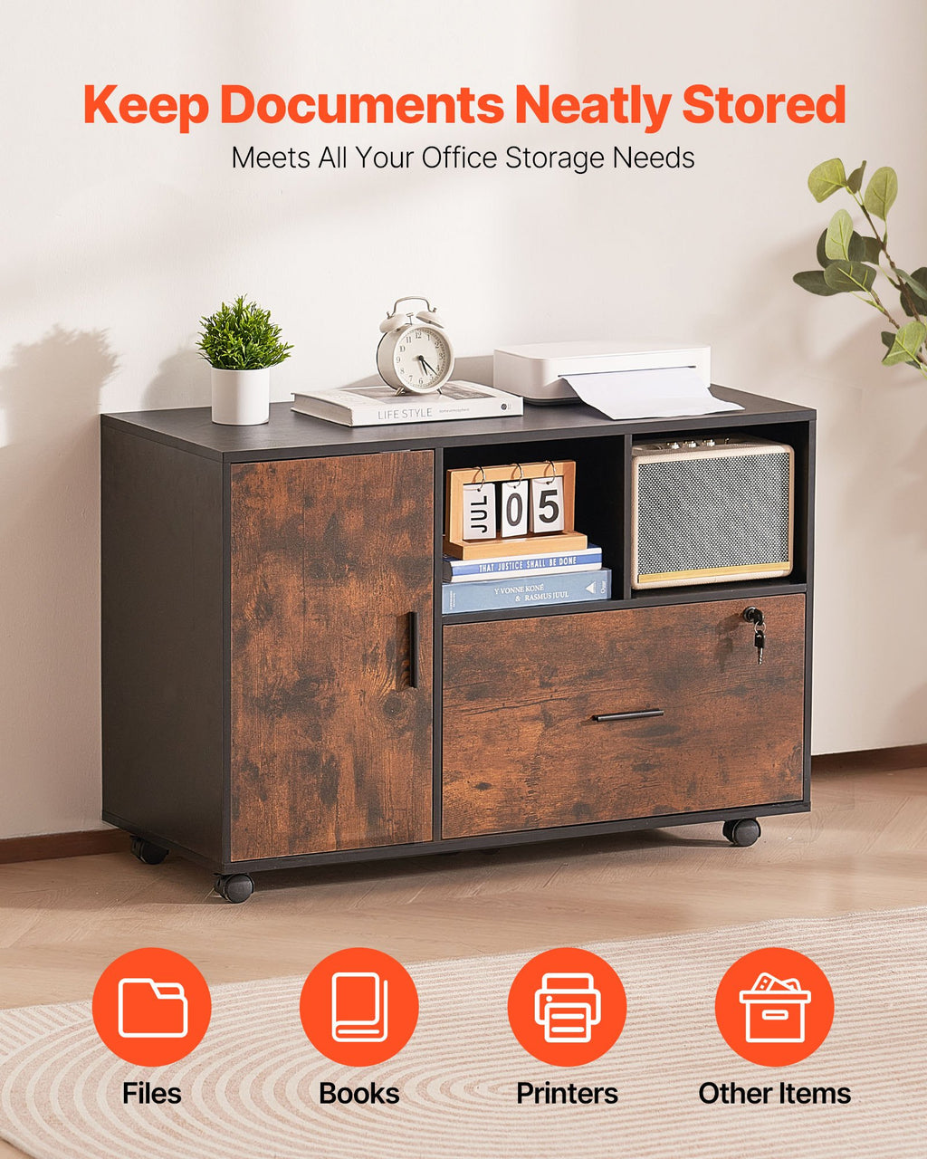 Mobile Wood File Cabinet with Open Shelves – Rustic Brown — features