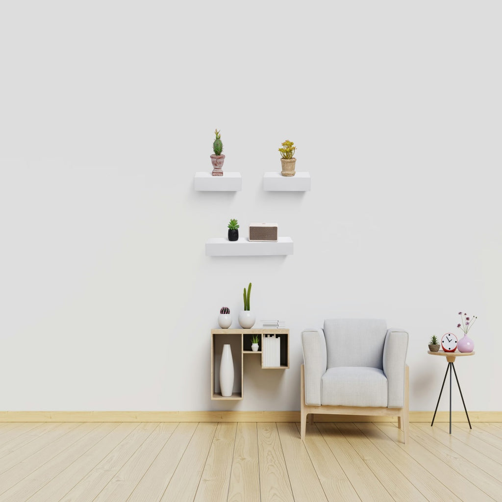 18" Floating Wall Shelf, Wood – White — room view