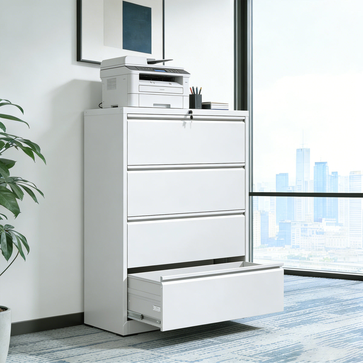 4-Drawer Lateral File Cabinet with Lock – White — room view