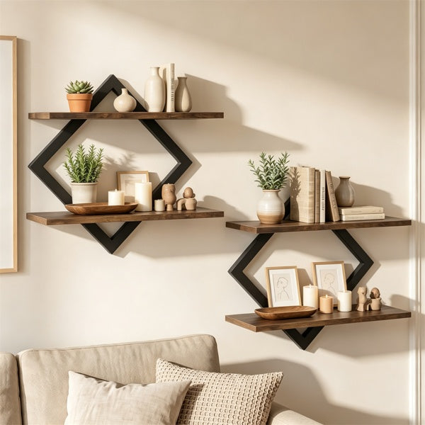 2-Tier Floating Wall Shelves Set of 2, Diamond Frame – Black/Brown — product photo