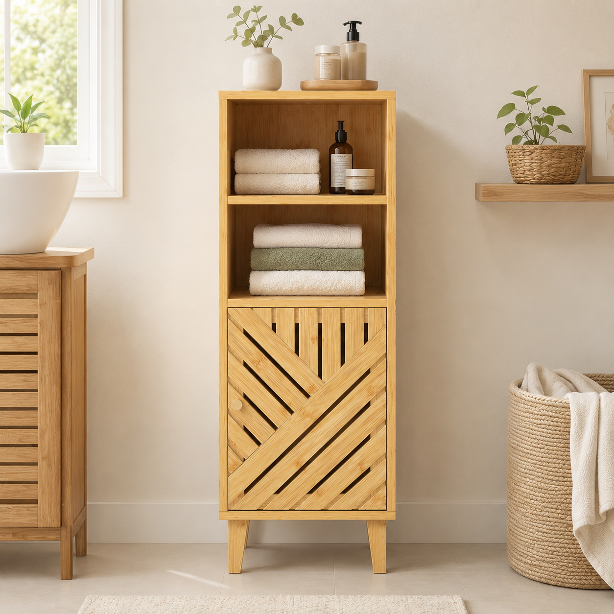 Bathroom Storage Cabinet – Slim, Bamboo Door & Legs, Open Compartments, 32×30×90cm, Natural
