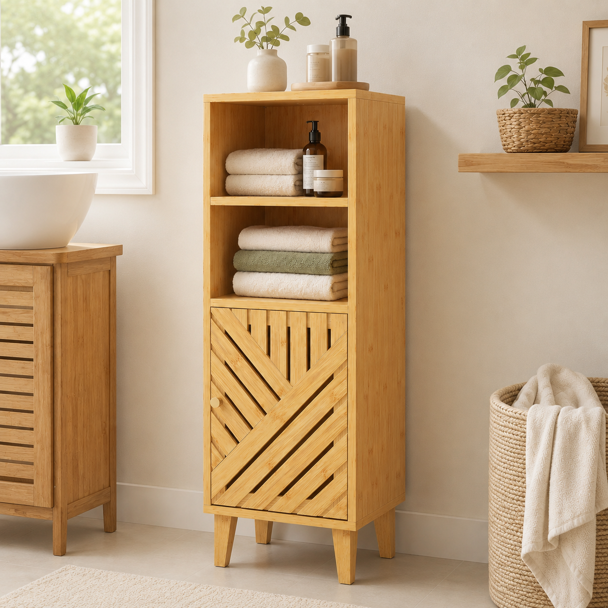 Bathroom Storage Cabinet – Slim, Bamboo Door & Legs, Open Compartments, 32×30×90cm, Natural
