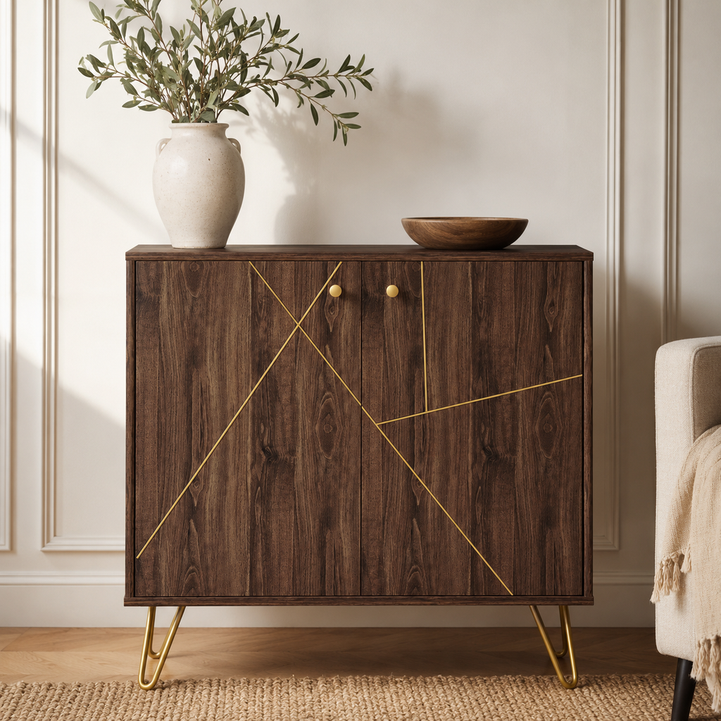 Sideboard Cabinet – Golden Steel Detail, Adjustable Shelf, Hairpin Legs, Brown