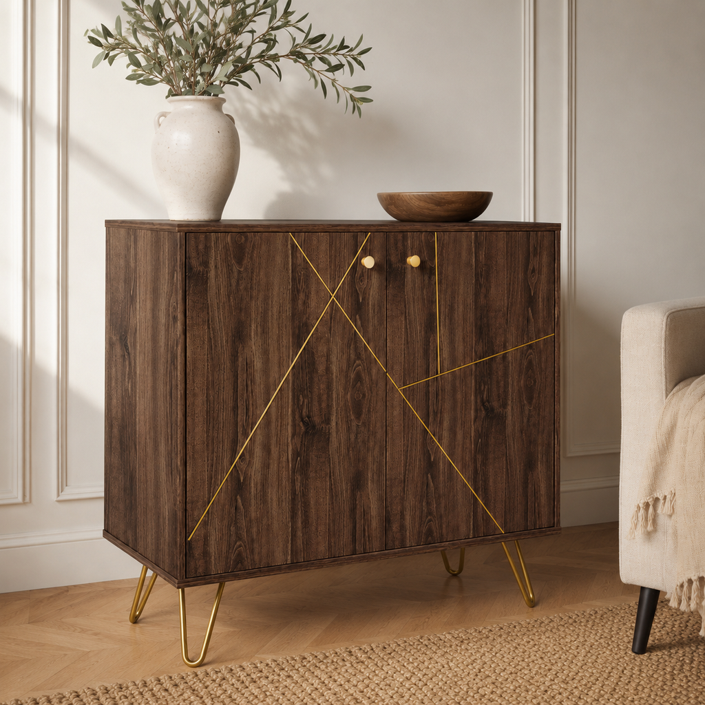 Sideboard Cabinet – Golden Steel Detail, Adjustable Shelf, Hairpin Legs, Brown
