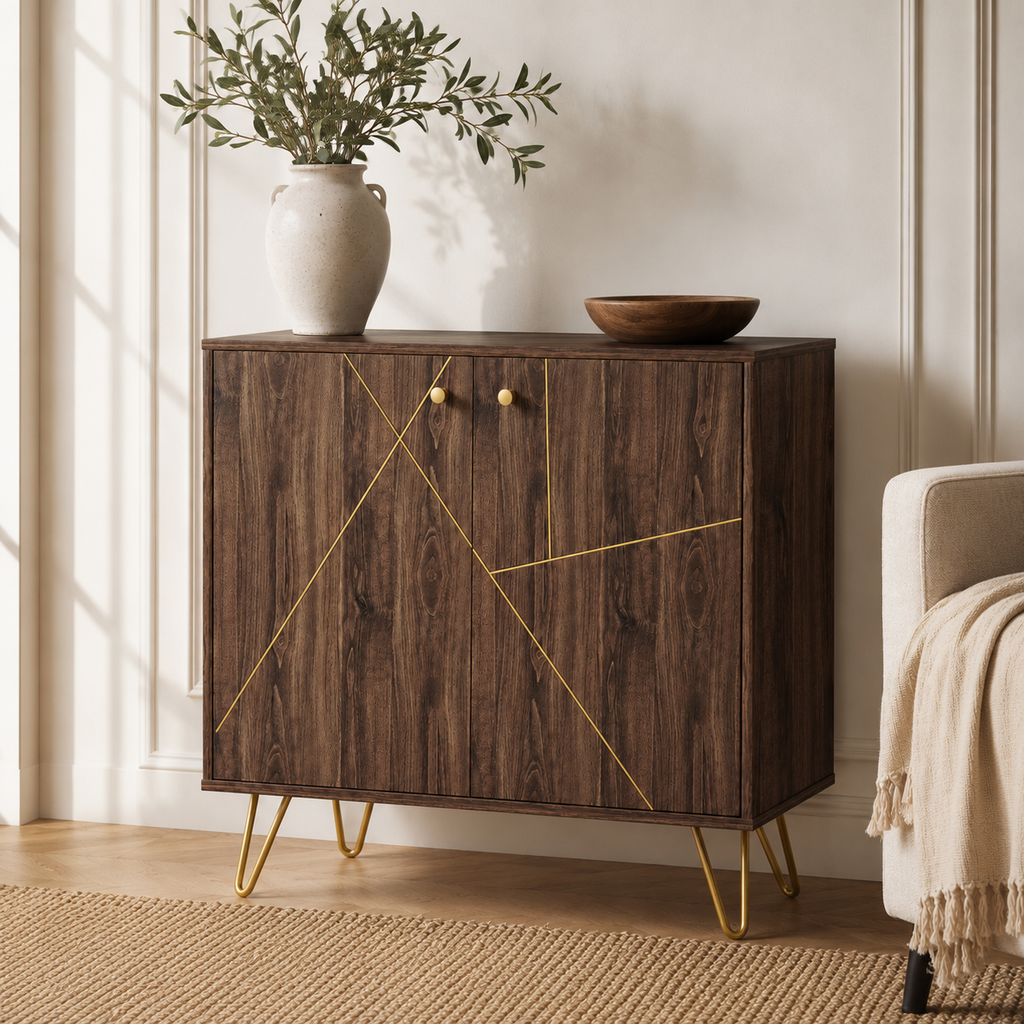 Sideboard Cabinet – Golden Steel Detail, Adjustable Shelf, Hairpin Legs, Brown