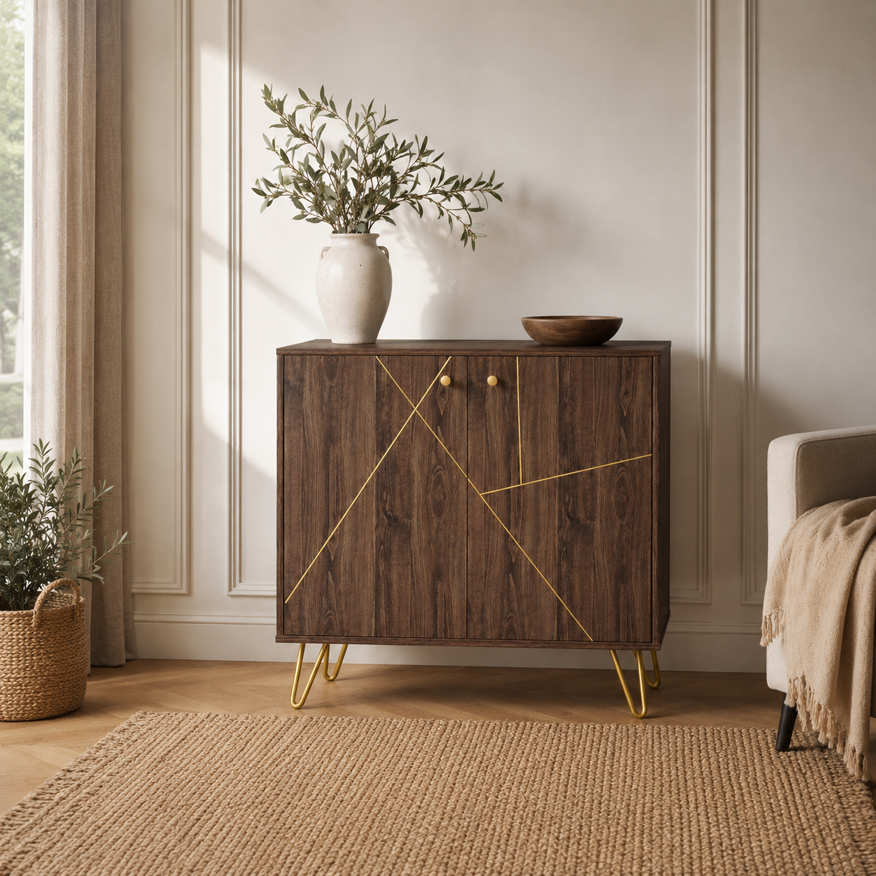 Sideboard Cabinet – Golden Steel Detail, Adjustable Shelf, Hairpin Legs, Brown