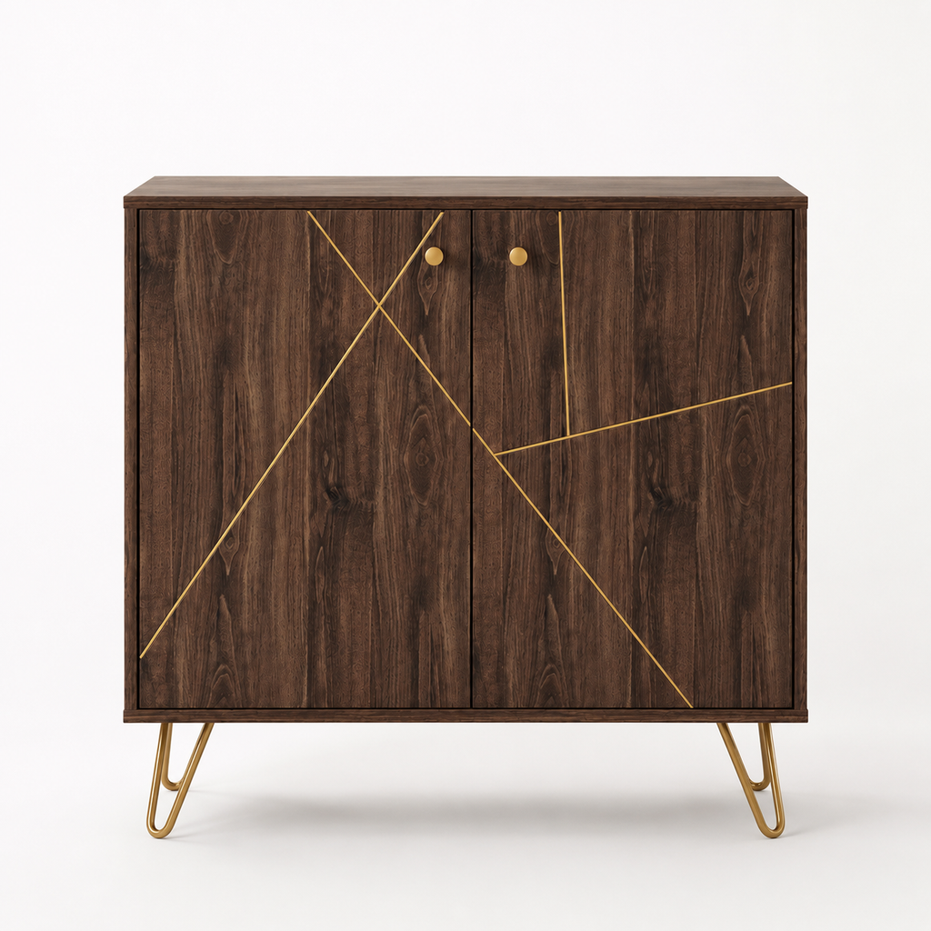 Sideboard Cabinet – Golden Steel Detail, Adjustable Shelf, Hairpin Legs, Brown