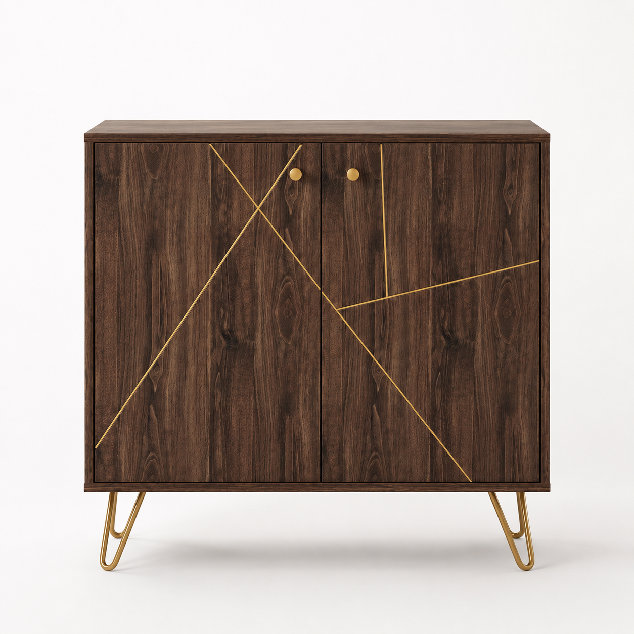 Sideboard Cabinet – Golden Steel Detail, Adjustable Shelf, Hairpin Legs, Brown