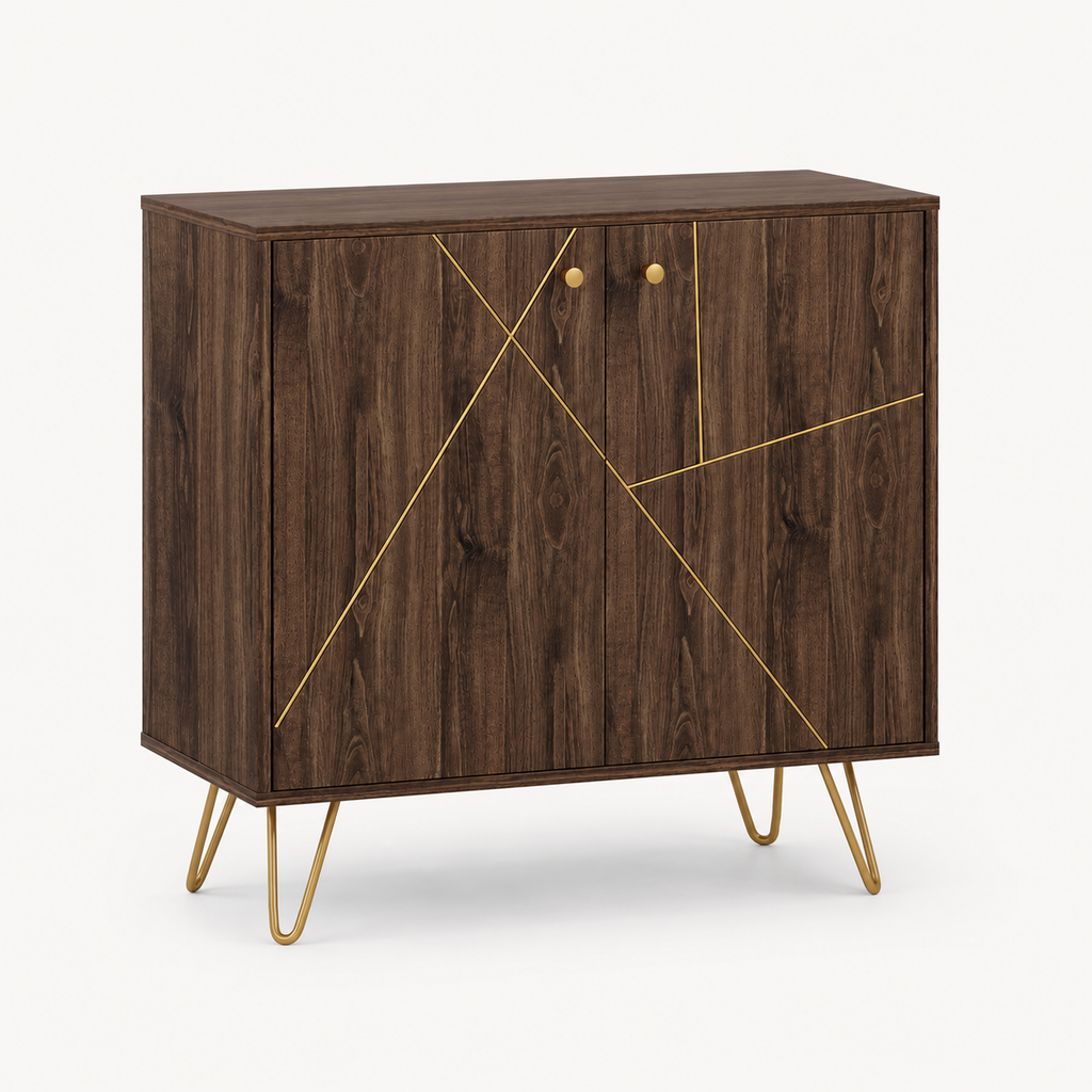 Sideboard Cabinet – Golden Steel Detail, Adjustable Shelf, Hairpin Legs, Brown