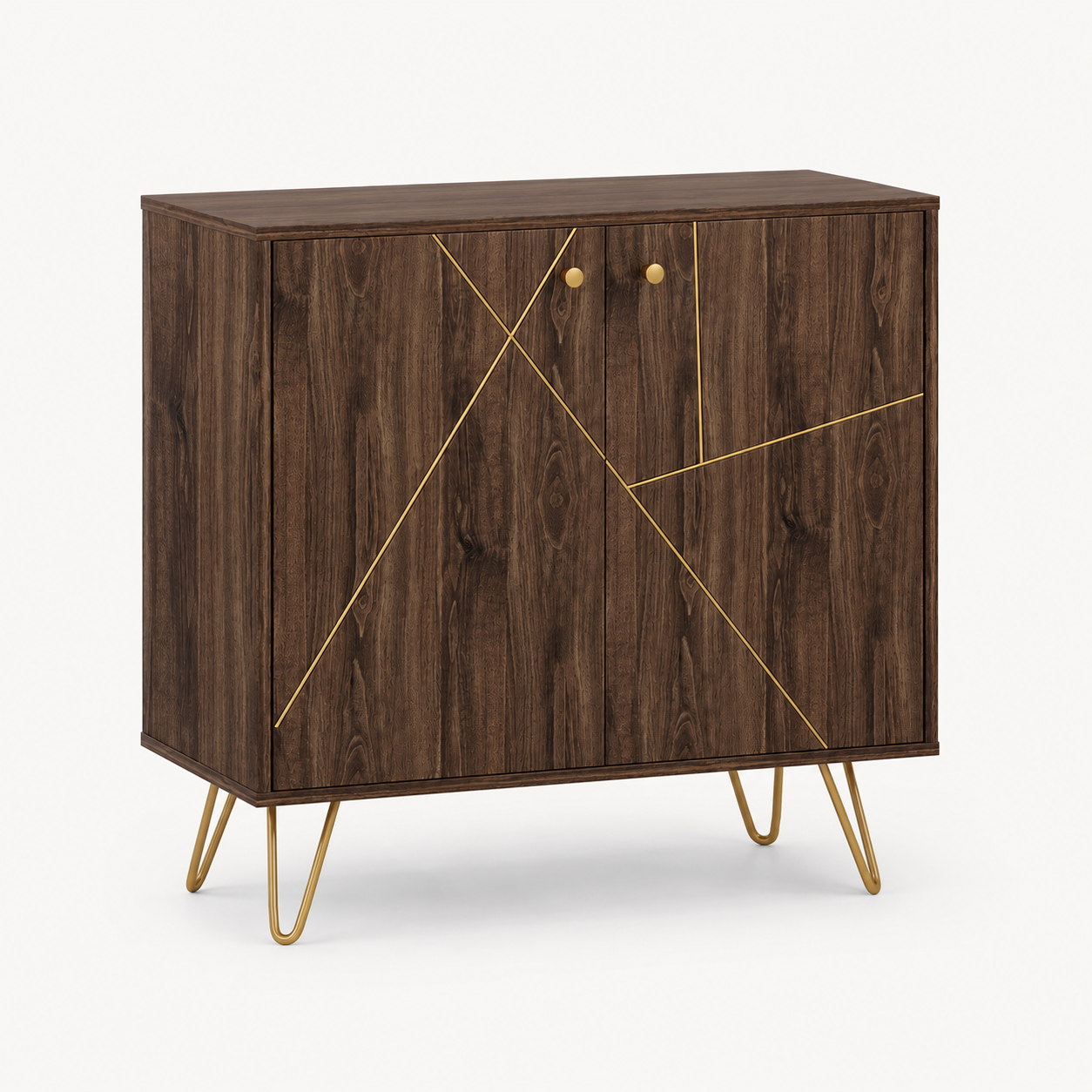 Sideboard Cabinet – Golden Steel Detail, Adjustable Shelf, Hairpin Legs, Brown