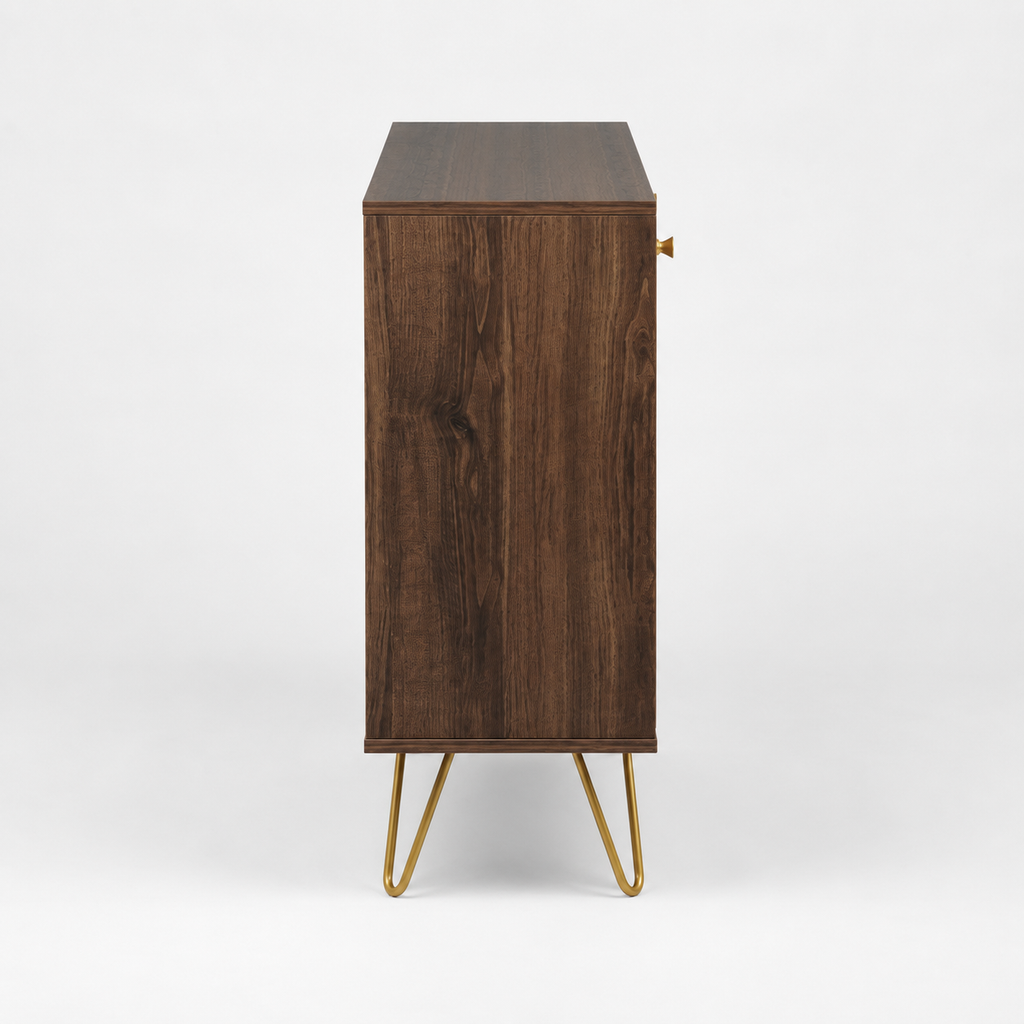Sideboard Cabinet – Golden Steel Detail, Adjustable Shelf, Hairpin Legs, Brown