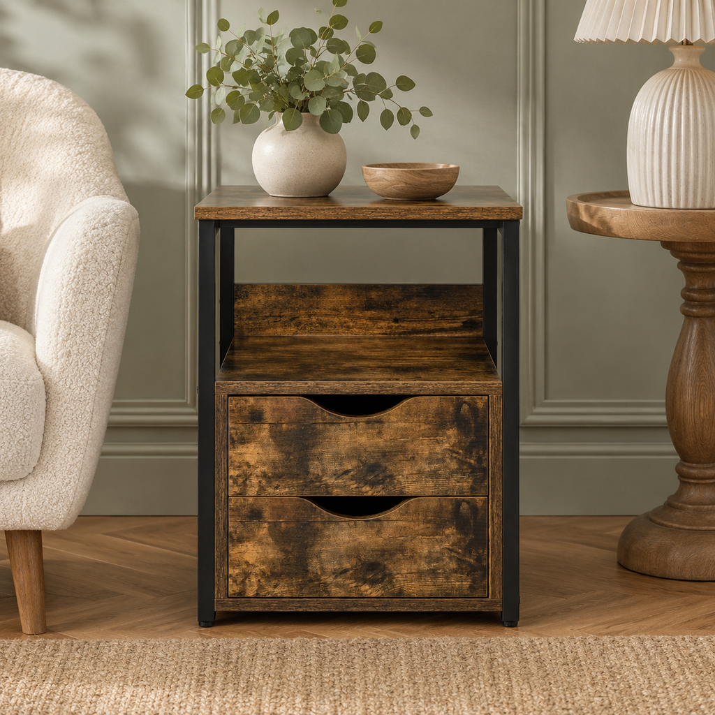Side Table – Industrial, 2 Drawers & Open Shelf, Metal Frame, Dark Wood-Effect