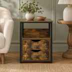 Side Table – Industrial, 2 Drawers & Open Shelf, Metal Frame, Dark Wood-Effect