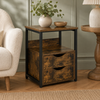 Side Table – Industrial, 2 Drawers & Open Shelf, Metal Frame, Dark Wood-Effect