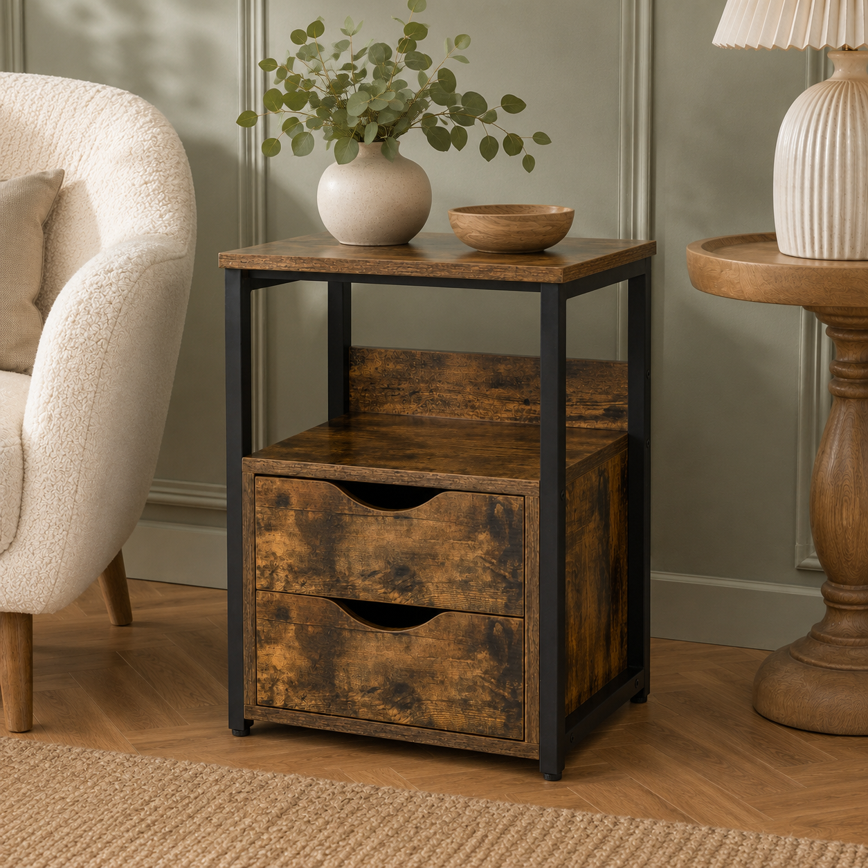 Side Table – Industrial, 2 Drawers & Open Shelf, Metal Frame, Dark Wood-Effect