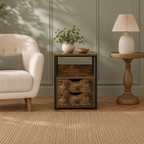 Side Table – Industrial, 2 Drawers & Open Shelf, Metal Frame, Dark Wood-Effect
