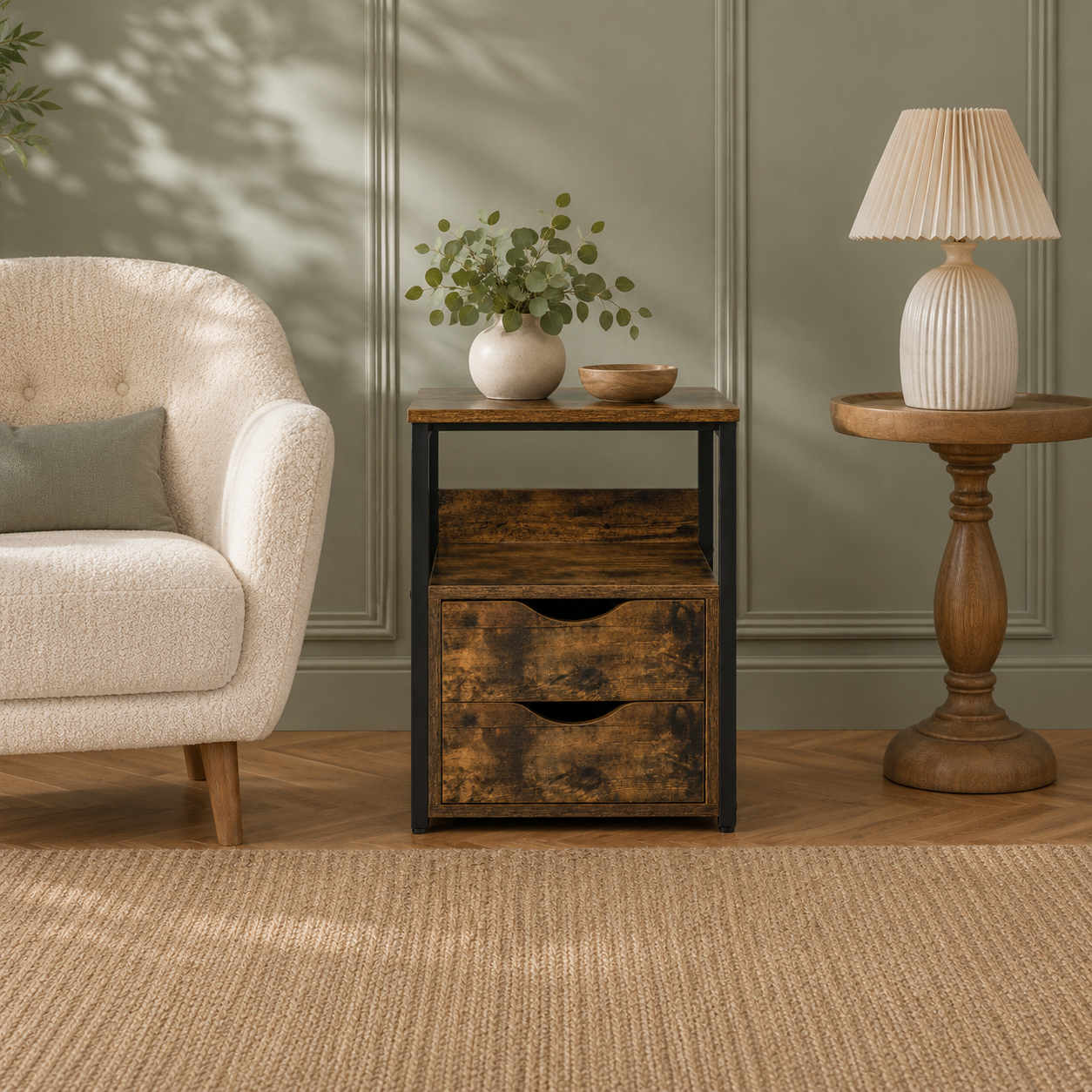Side Table – Industrial, 2 Drawers & Open Shelf, Metal Frame, Dark Wood-Effect