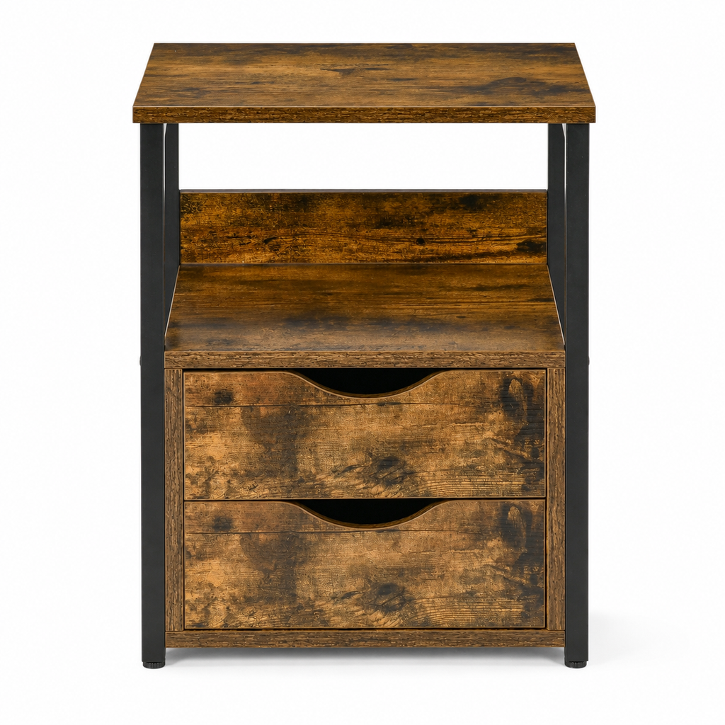 Side Table – Industrial, 2 Drawers & Open Shelf, Metal Frame, Dark Wood-Effect