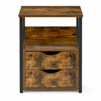 Side Table – Industrial, 2 Drawers & Open Shelf, Metal Frame, Dark Wood-Effect