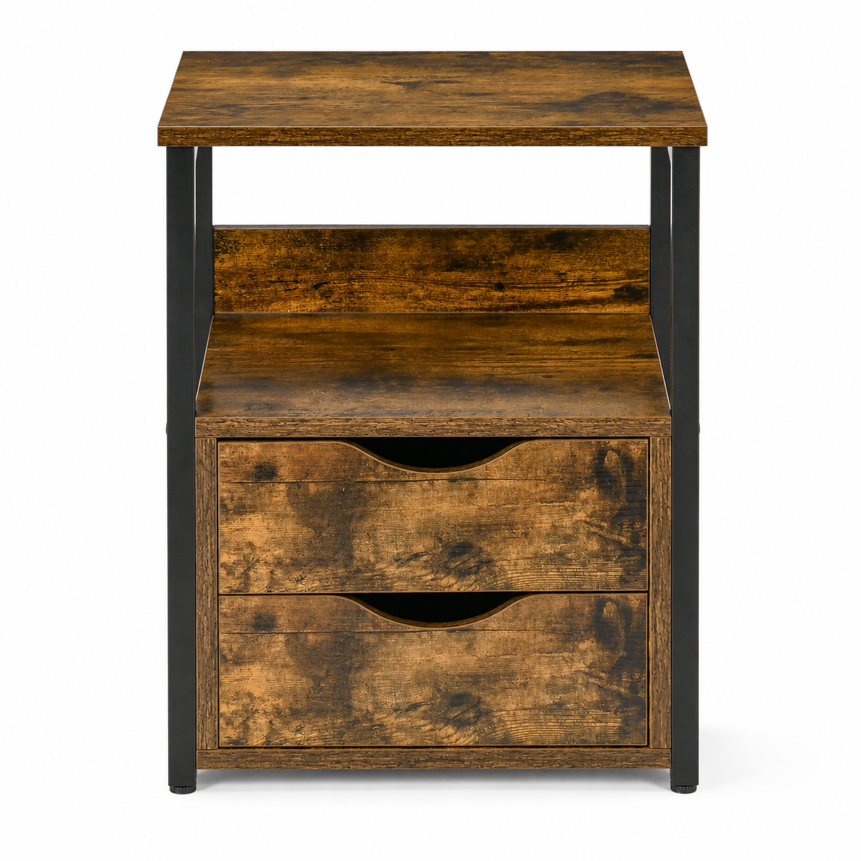 Side Table – Industrial, 2 Drawers & Open Shelf, Metal Frame, Dark Wood-Effect