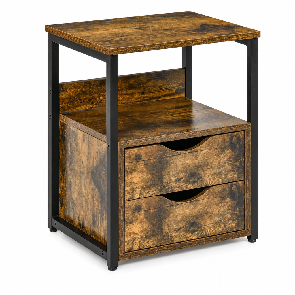 Side Table – Industrial, 2 Drawers & Open Shelf, Metal Frame, Dark Wood-Effect