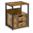 Side Table – Industrial, 2 Drawers & Open Shelf, Metal Frame, Dark Wood-Effect