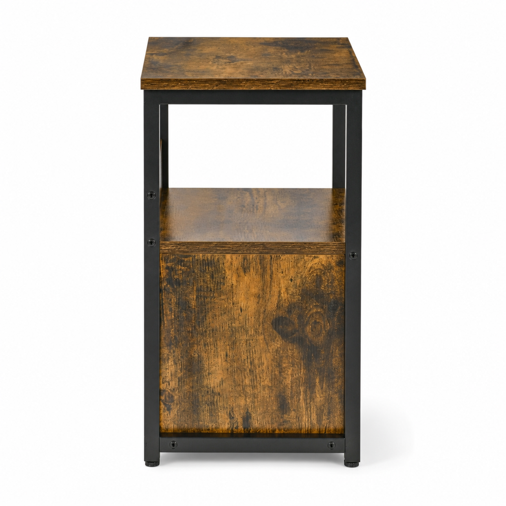 Side Table – Industrial, 2 Drawers & Open Shelf, Metal Frame, Dark Wood-Effect