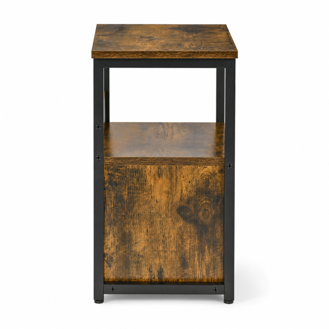 Side Table – Industrial, 2 Drawers & Open Shelf, Metal Frame, Dark Wood-Effect