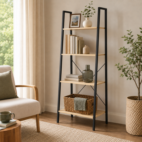 4-Tier Ladder Shelf with Industrial Steel Frame – MDF & Steel, Oak & Black, 60×37.5×145cm