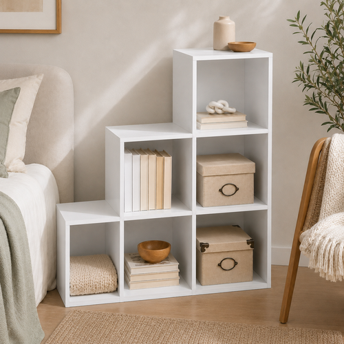 6-Cube Storage Unit (3×2 Step Design) – Particle Board, White, 91.5×29.5×91.5cm