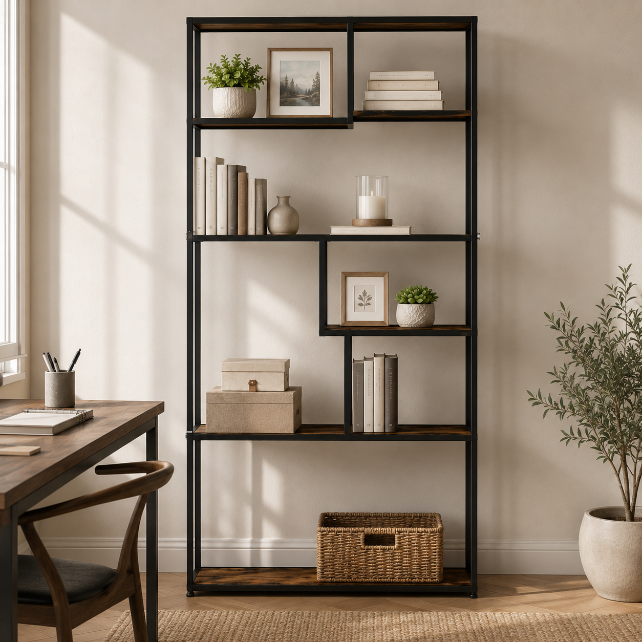 6-Tier Industrial Bookcase with Steel Frame – Particle Board & Steel, Rustic Brown, 83×34×180cm