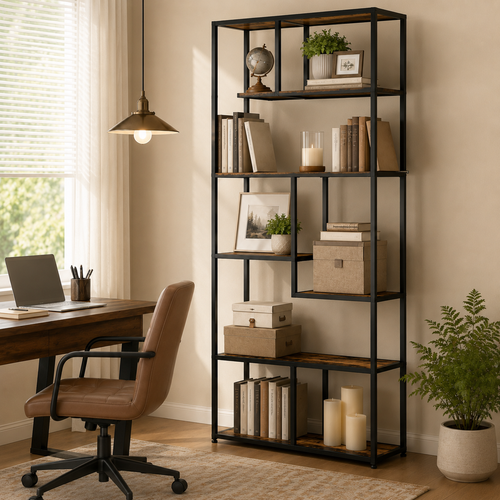 6-Tier Industrial Bookcase with Steel Frame – Particle Board & Steel, Rustic Brown, 83×34×180cm