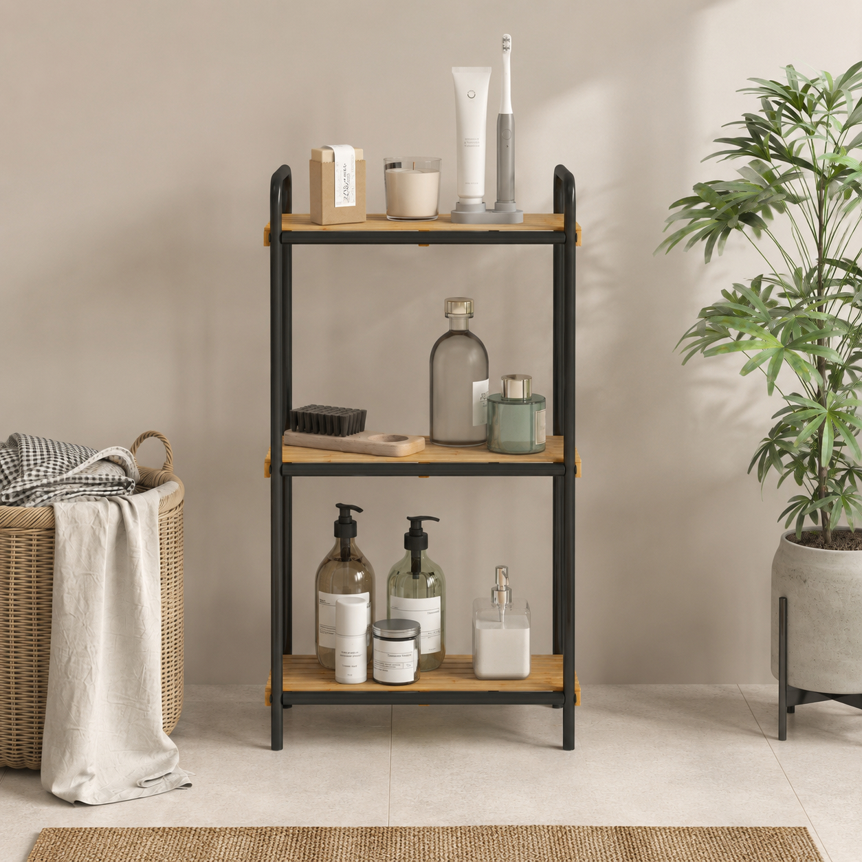 Bathroom Shelf – 3-Tier Bamboo, Slatted, Freestanding, 41.5×21.5×77.5cm, Natural & Black