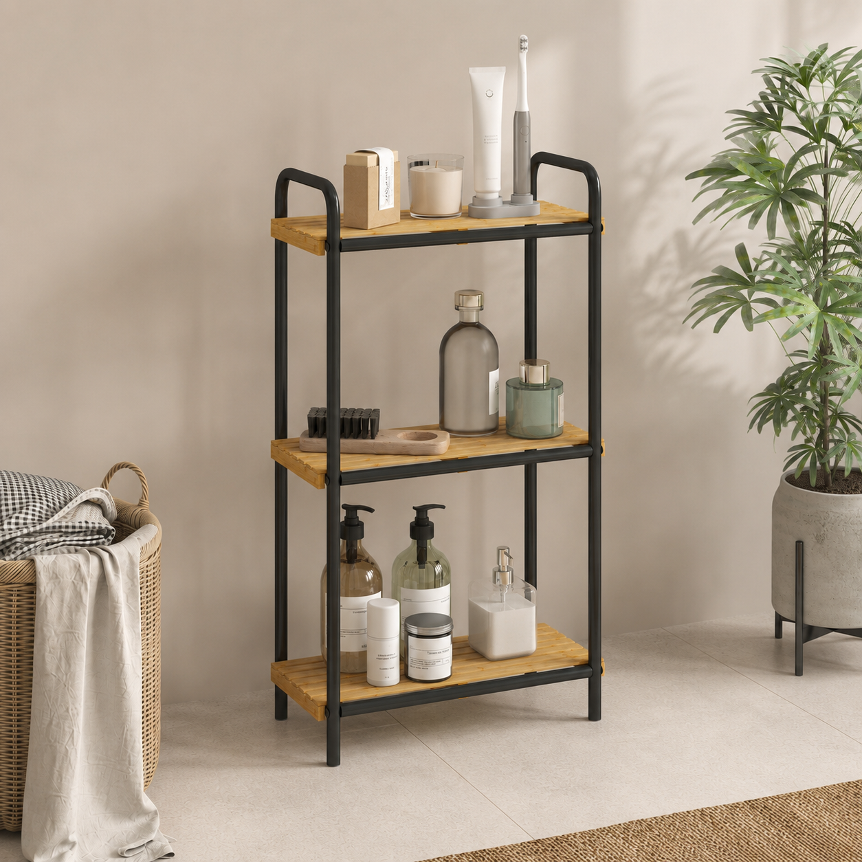 Bathroom Shelf – 3-Tier Bamboo, Slatted, Freestanding, 41.5×21.5×77.5cm, Natural & Black